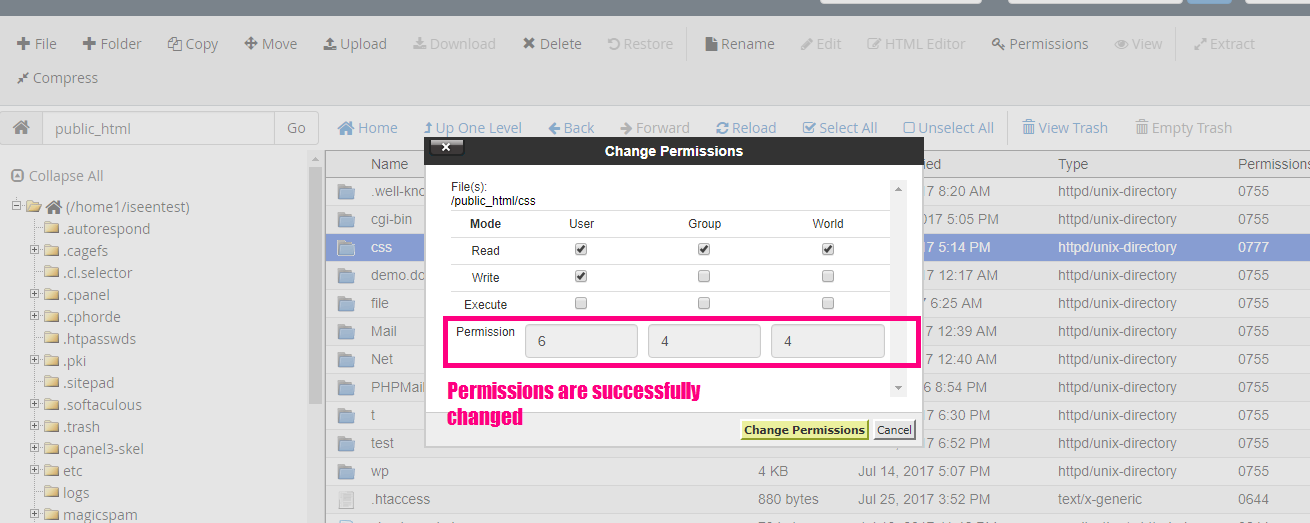 change default file permissions cpanel