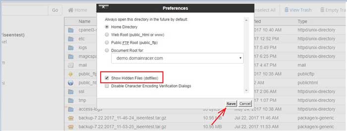 Activate hidden files using cpanel