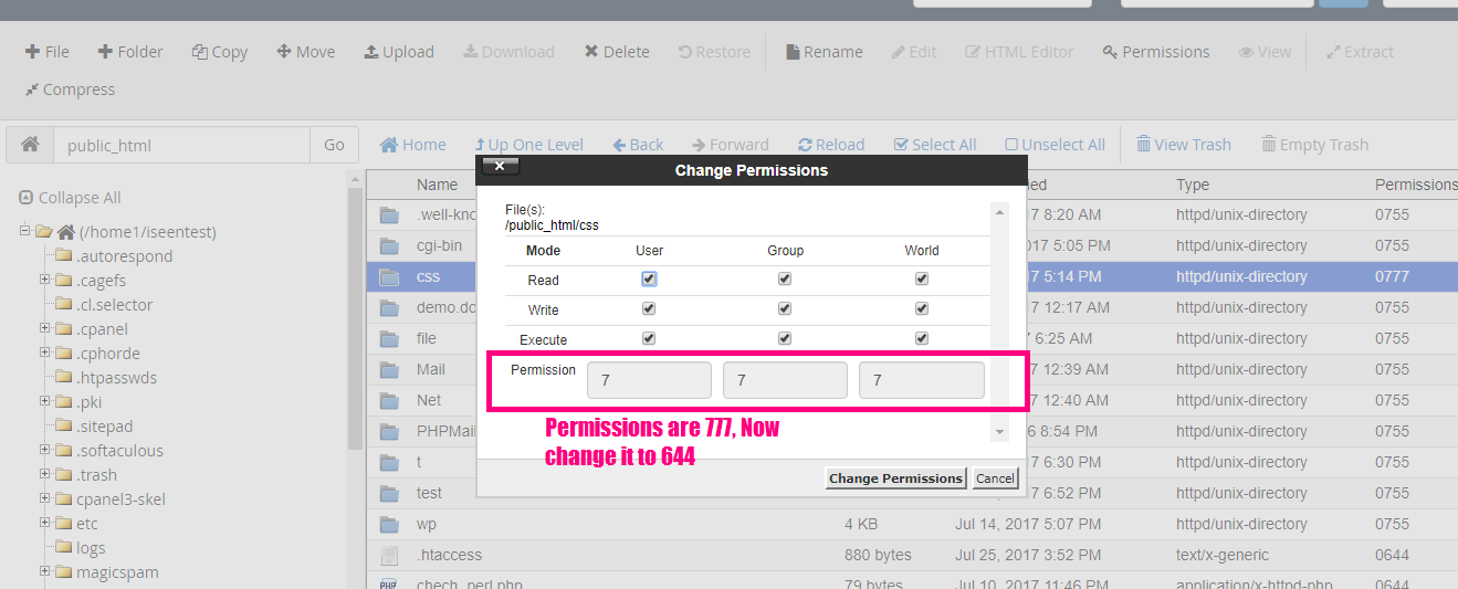 cpanel file manager change permissions